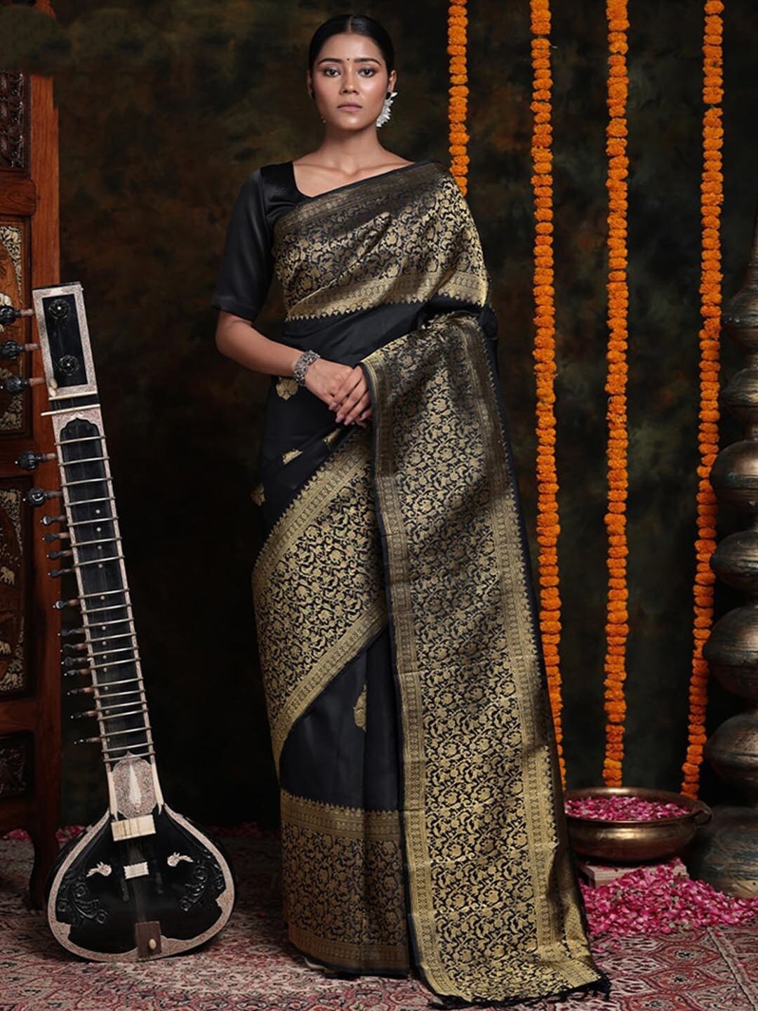 

KALINI Woven Design Zari Art Silk Saree, Black