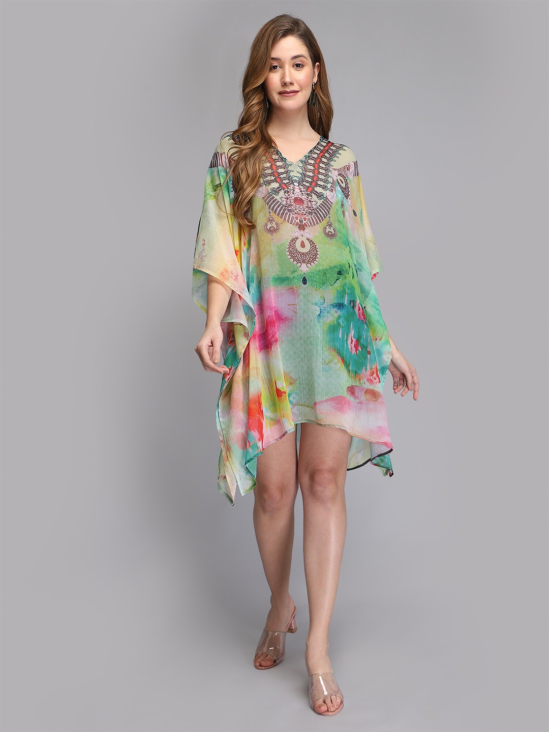 

Aditi Wasan Floral Printed V-Neck Kimono Sleeves Semi Sheer Chiffon Kaftan Dress, Green