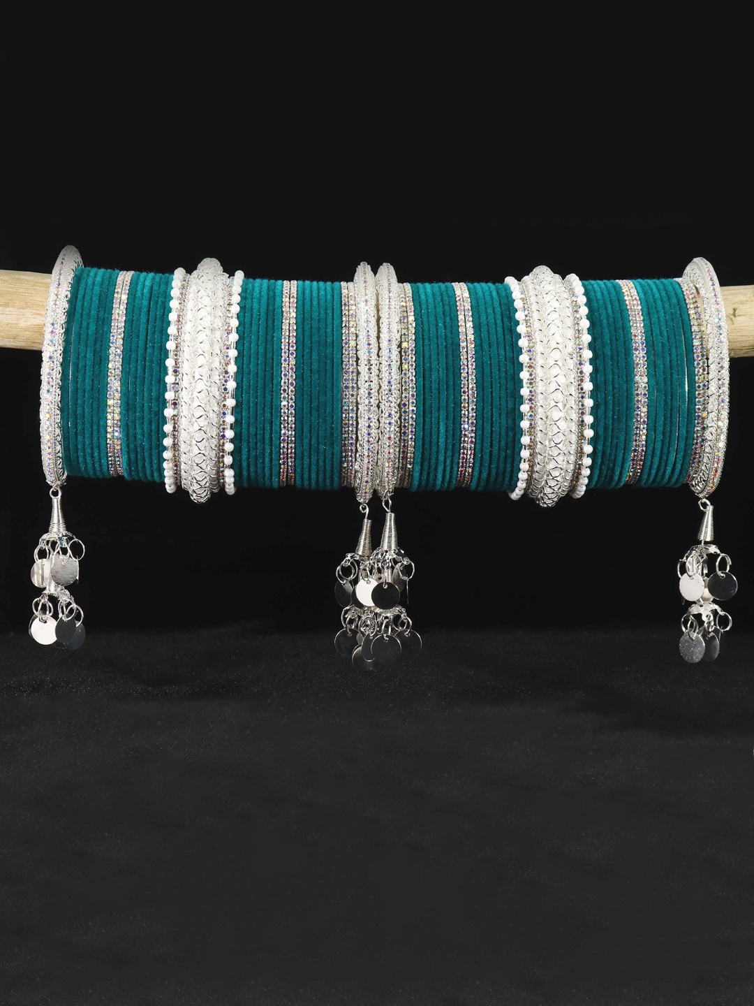 

LAVAZZA Set Of 70 Crystals-Studded Bridal Chuda Bangles Set With Latkan, Silver