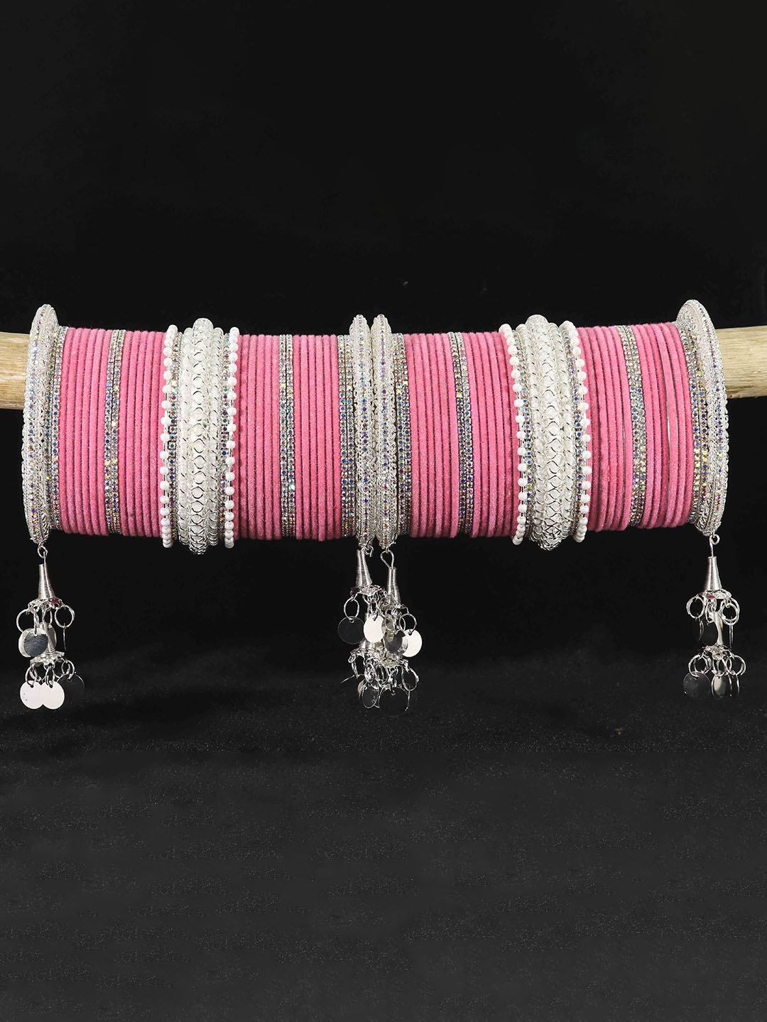 

LAVAZZA Set Of 70 Bridal Chuda Bangles Set With Latkan, Silver