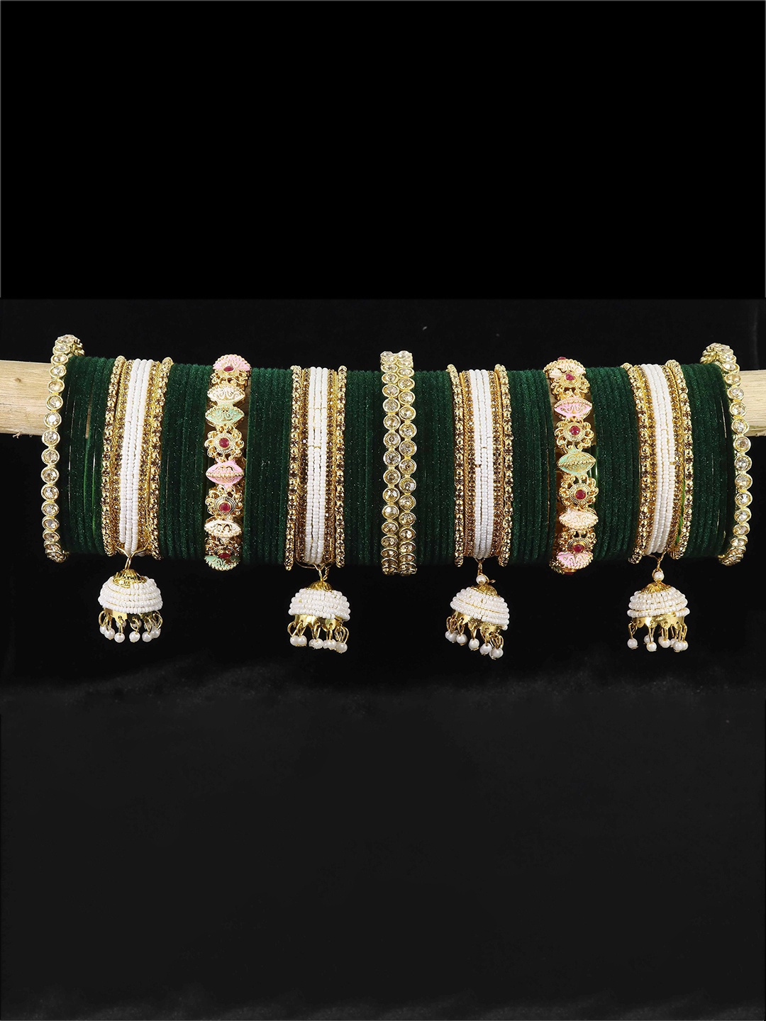 

LAVAZZA Set Of 66 Crystals Studded Bridal Chuda Bangles Set With Latkan, Gold