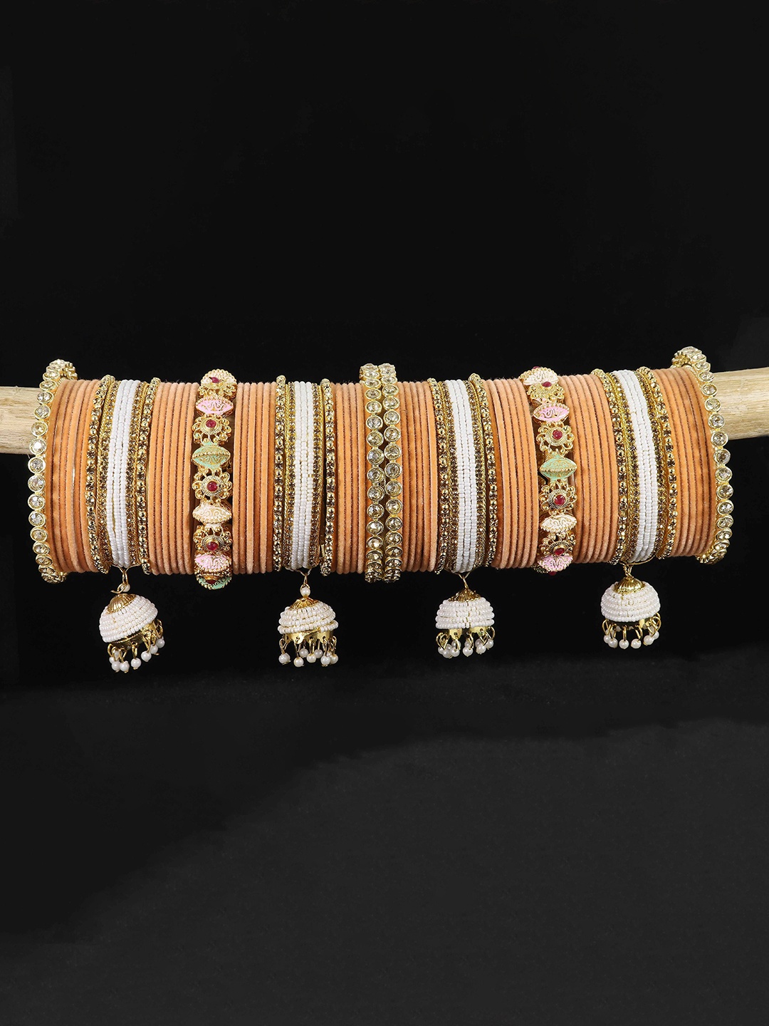 

LAVAZZA Set of 66 Crystals-Studded Bridal Chuda Bangles Set With Latkan, Gold