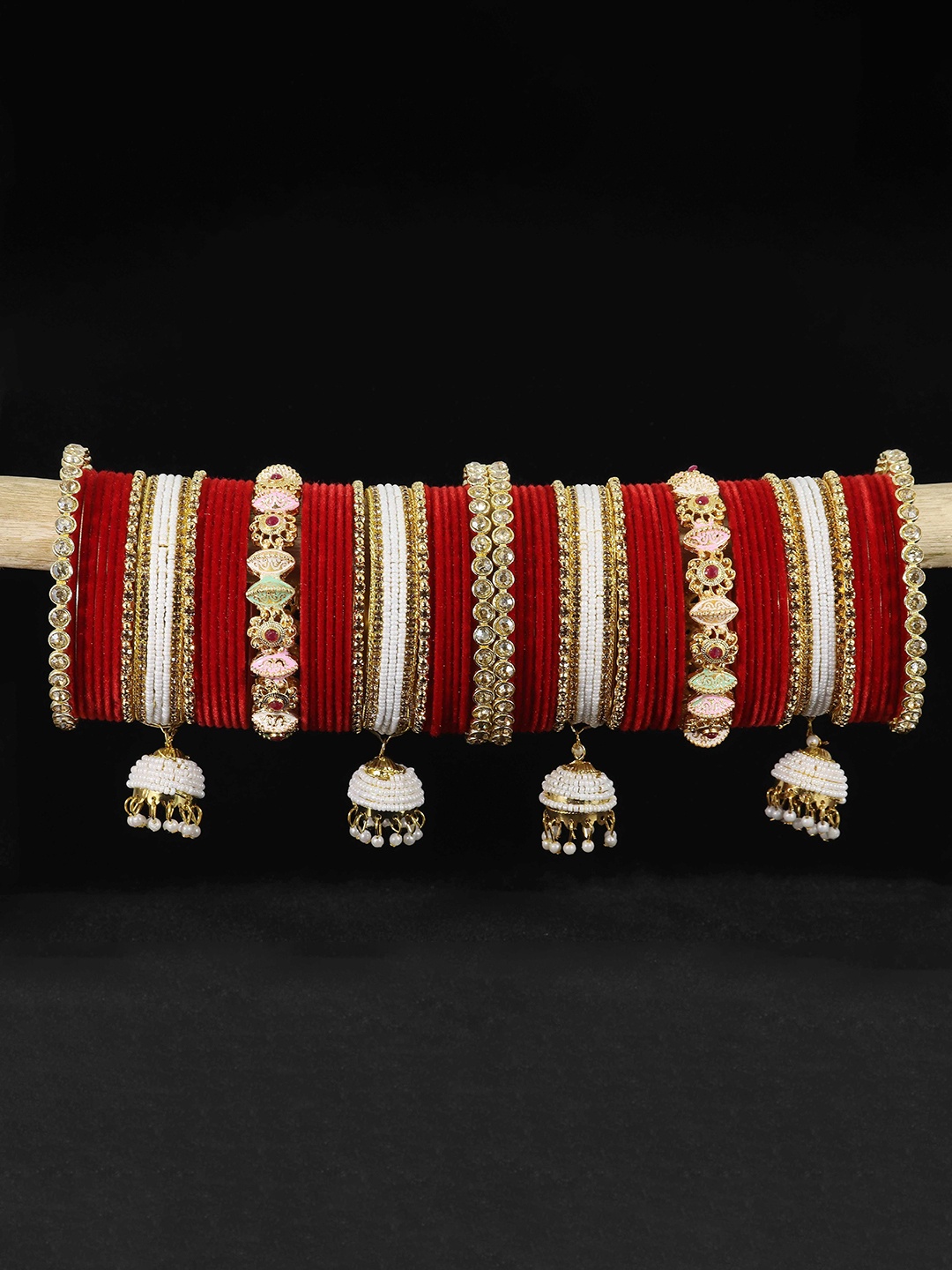 

LAVAZZA Set Of 66 Crystals Studded Chuda Bangles With Latkan, Gold