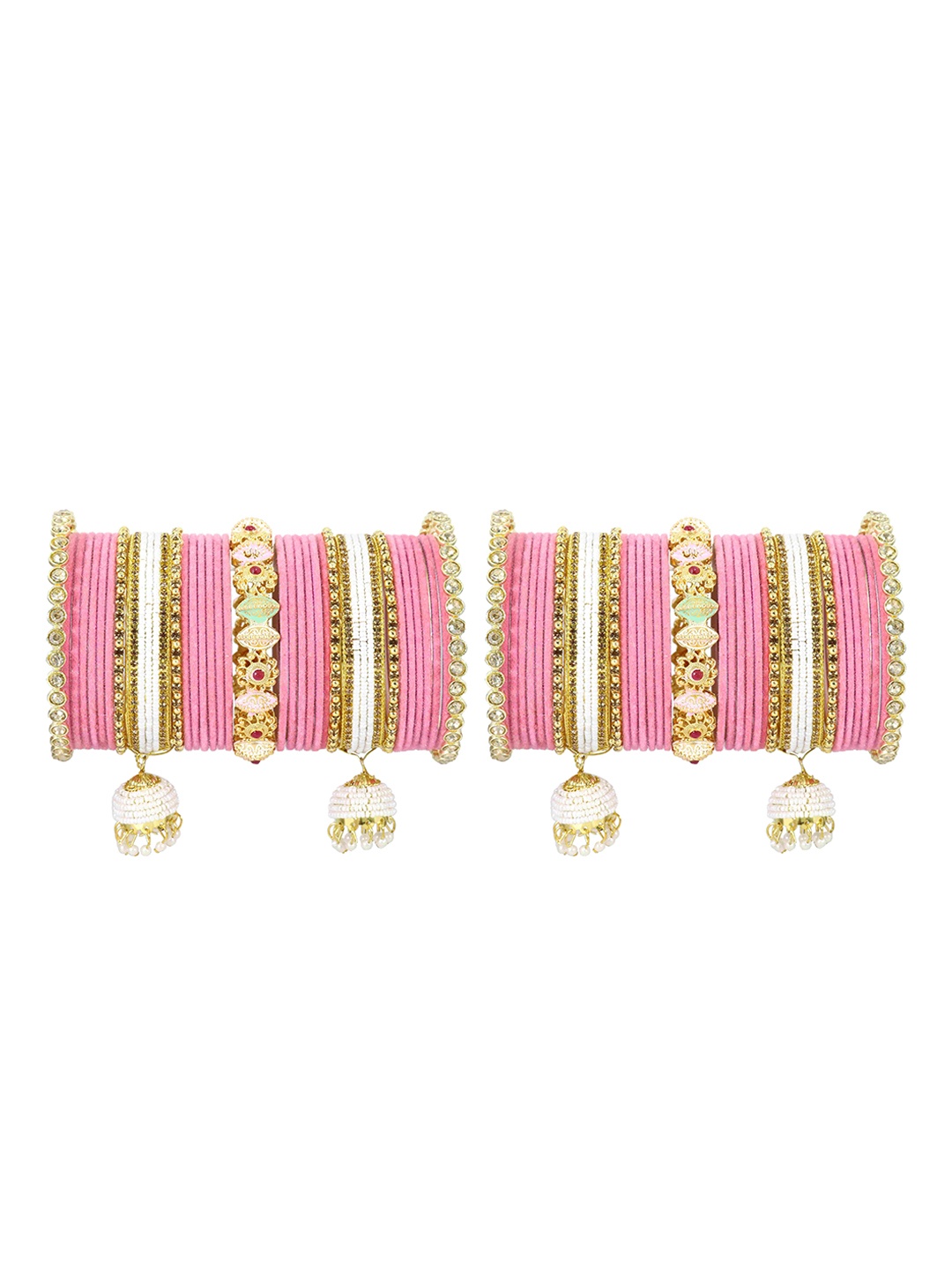 

LAVAZZA Set Of 66 Crystals Studded Chuda Bangles With Latkan, Gold