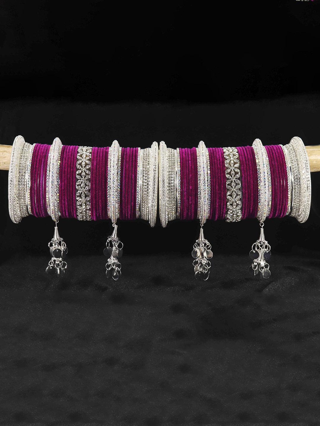 

LAVAZZA Set Of 74 Bridal Chuda Bangles With Latkan, Silver