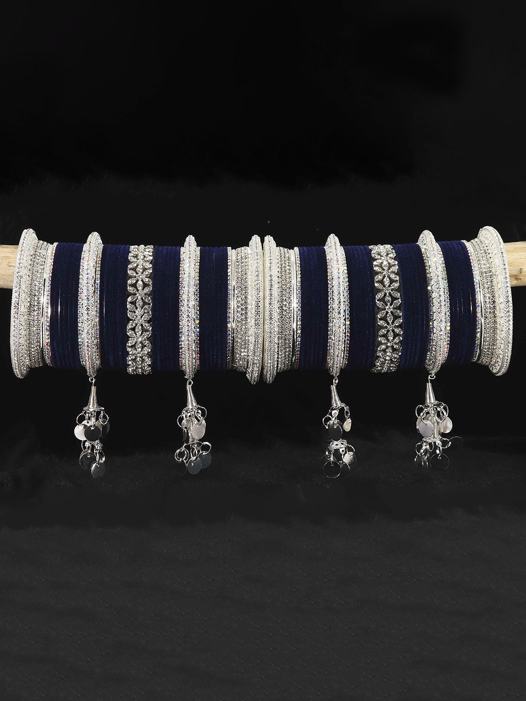 

LAVAZZA Set Of 74 Crystal Studded Bridal Chuda Bangles Set With Latkan, Silver