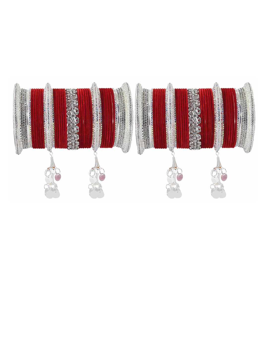

LAVAZZA Set Of 74 Crystals Studded Bridal Chuda Bangles Set With Latkan, Silver
