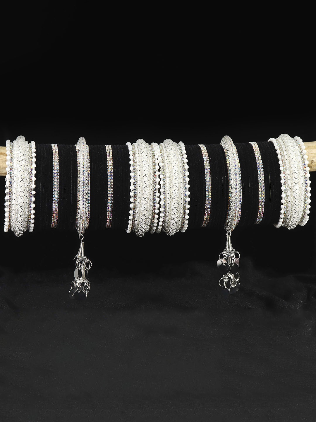 

LAVAZZA Set of 66 Crystals Studded Chuda Bangles Set, Silver