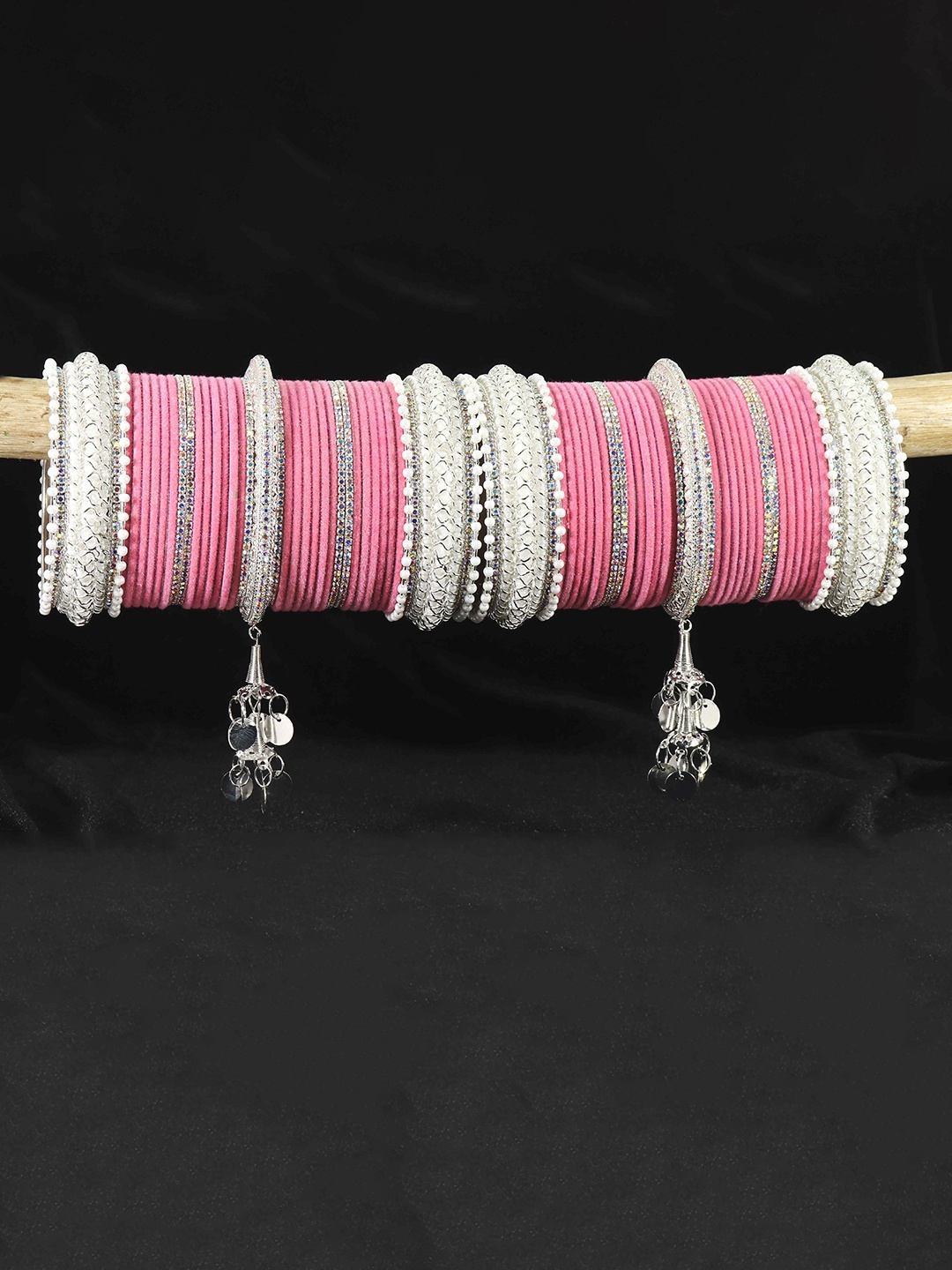

LAVAZZA Set Of 66 Crystals Studded Bridal Chuda Bangles Set, Silver