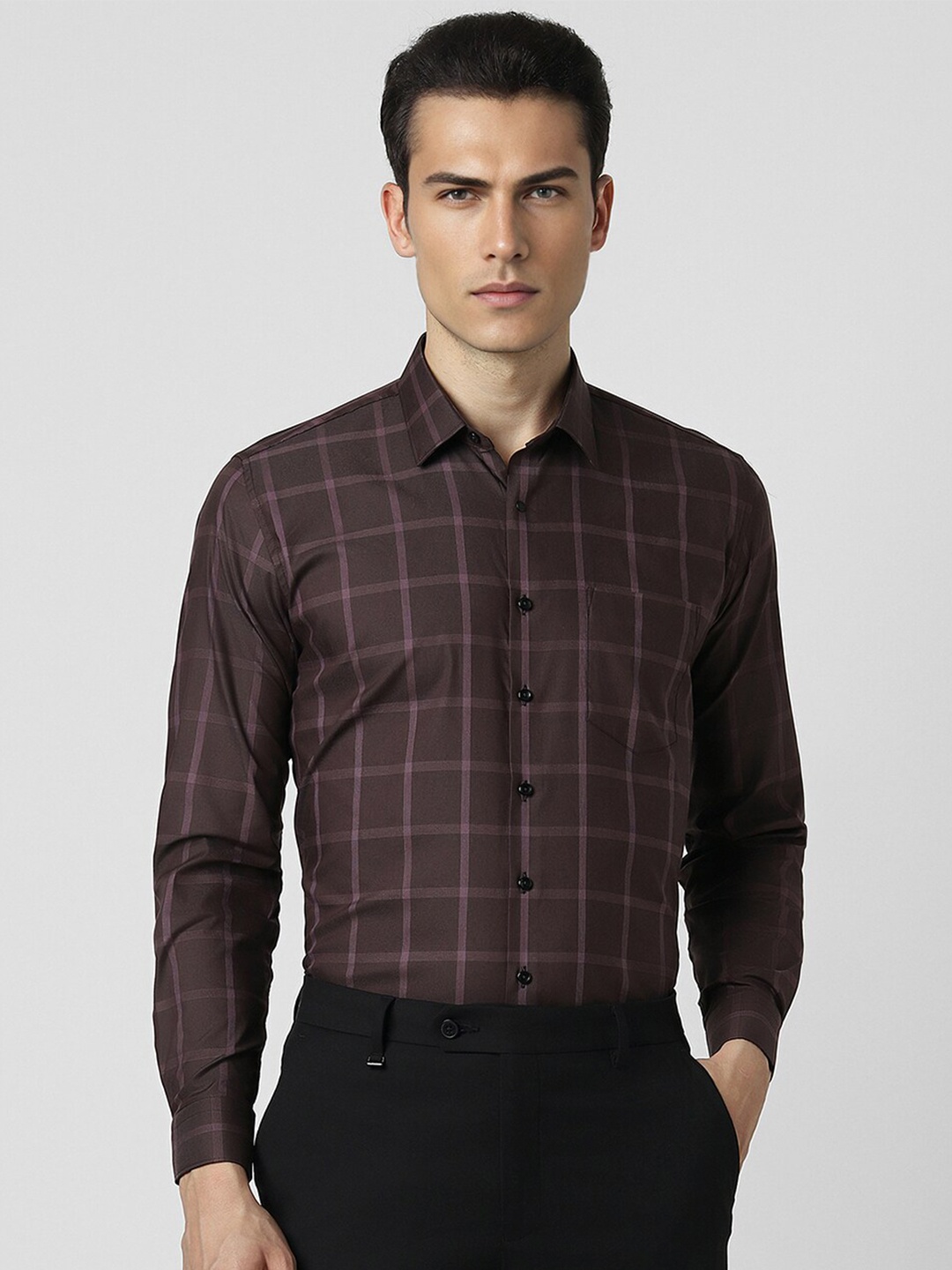 

Van Heusen Slim Fit Windowpane Checked Cotton Formal Shirt, Brown