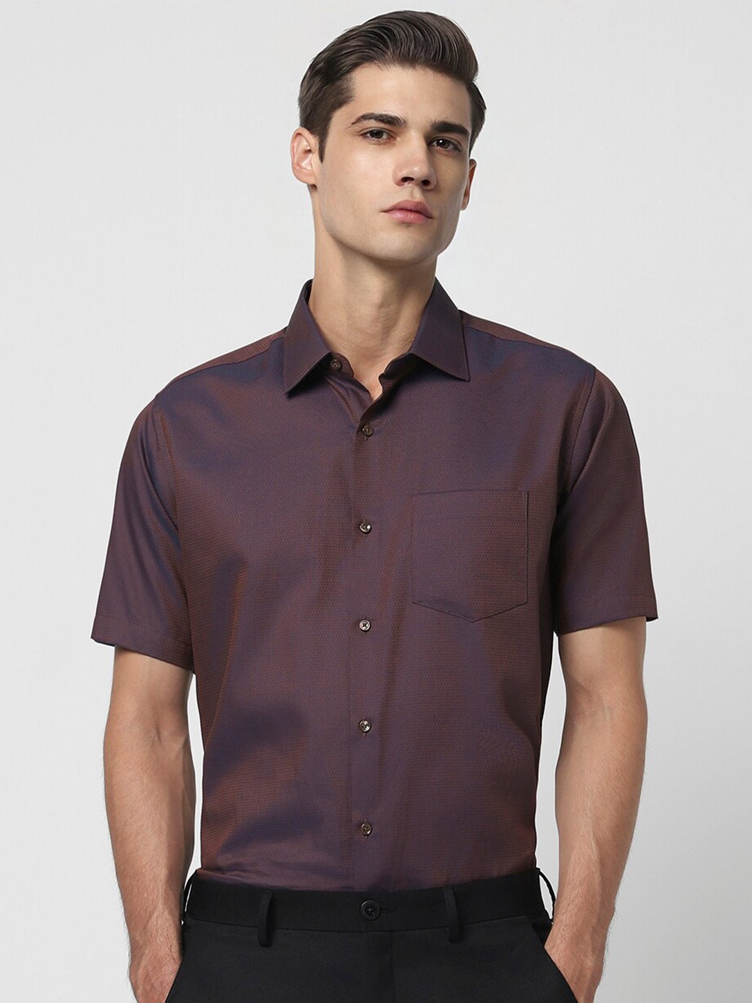 

Van Heusen Textured Spread Collar Half Sleeves Cotton Casual Party Shirt, Purple