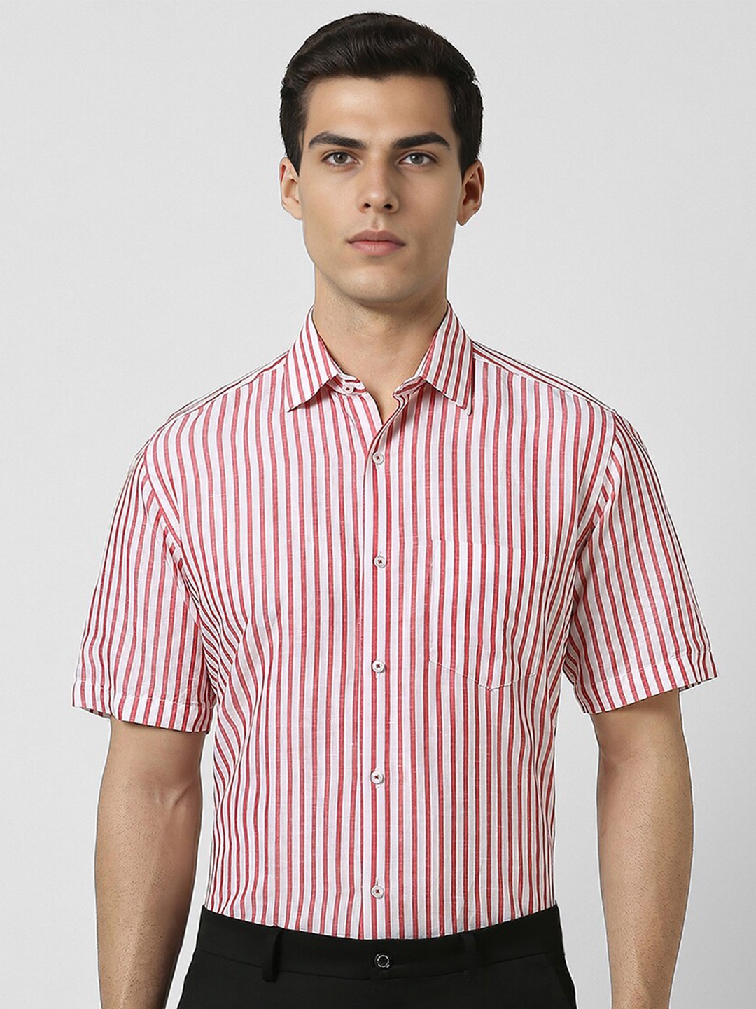 

Van Heusen Vertical Striped Half Sleeves Opaque Formal Shirt, Red