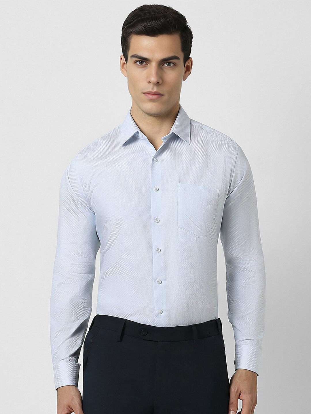 

Van Heusen Self Design Textured Slim Fit Cotton Opaque Party Shirt, Blue