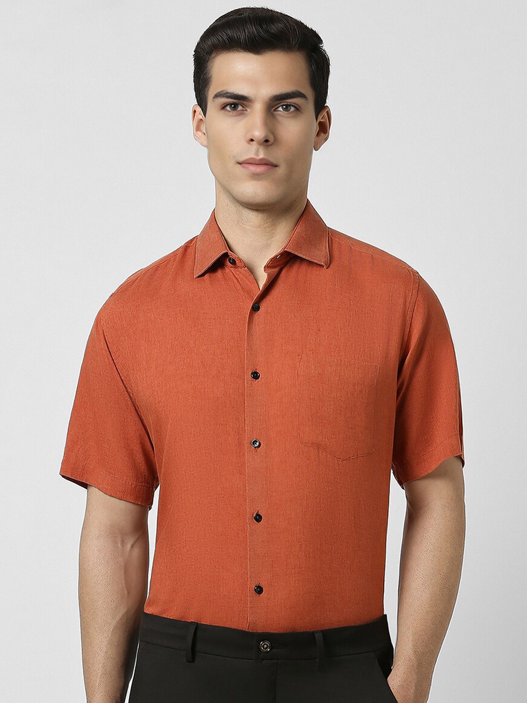 

Van Heusen Self Design Textured Half Sleeves Opaque Formal Shirt, Rust