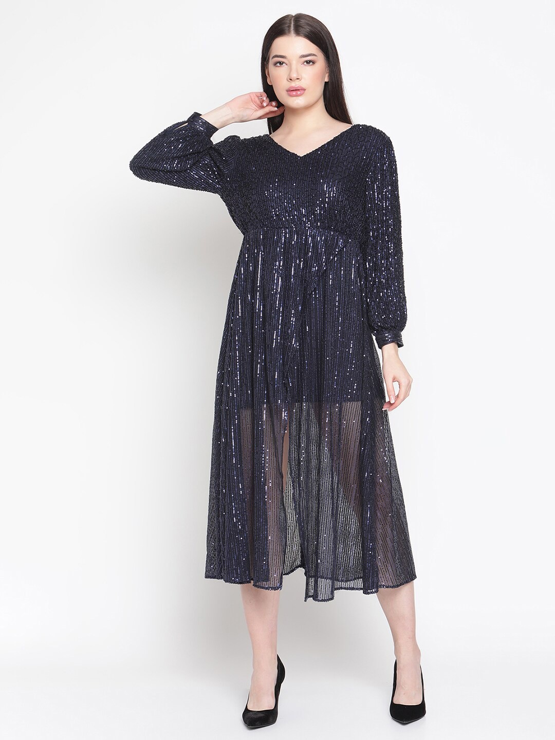 

Amagyaa Embellished V-Neck Puff Sleeve Net Fit & Flare Midi Dress, Navy blue