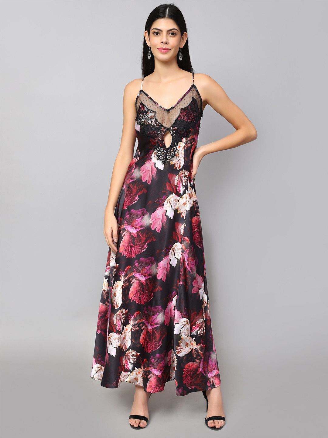 

Amagyaa Floral Printed Shoulder Straps Lace Inserts Satin Maxi Dress, Black