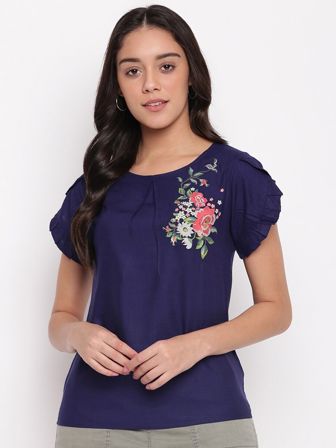 

Miss Grace Round Neck Short Sleeves Opaque Casual Top, Navy blue