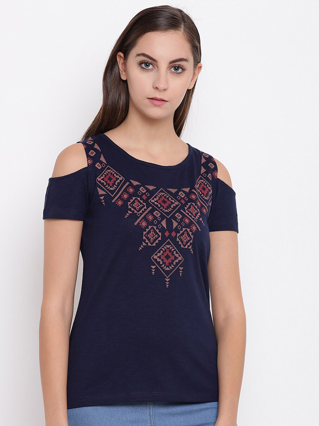 

Miss Grace Geometric Print Cold-Shoulder Top, Blue