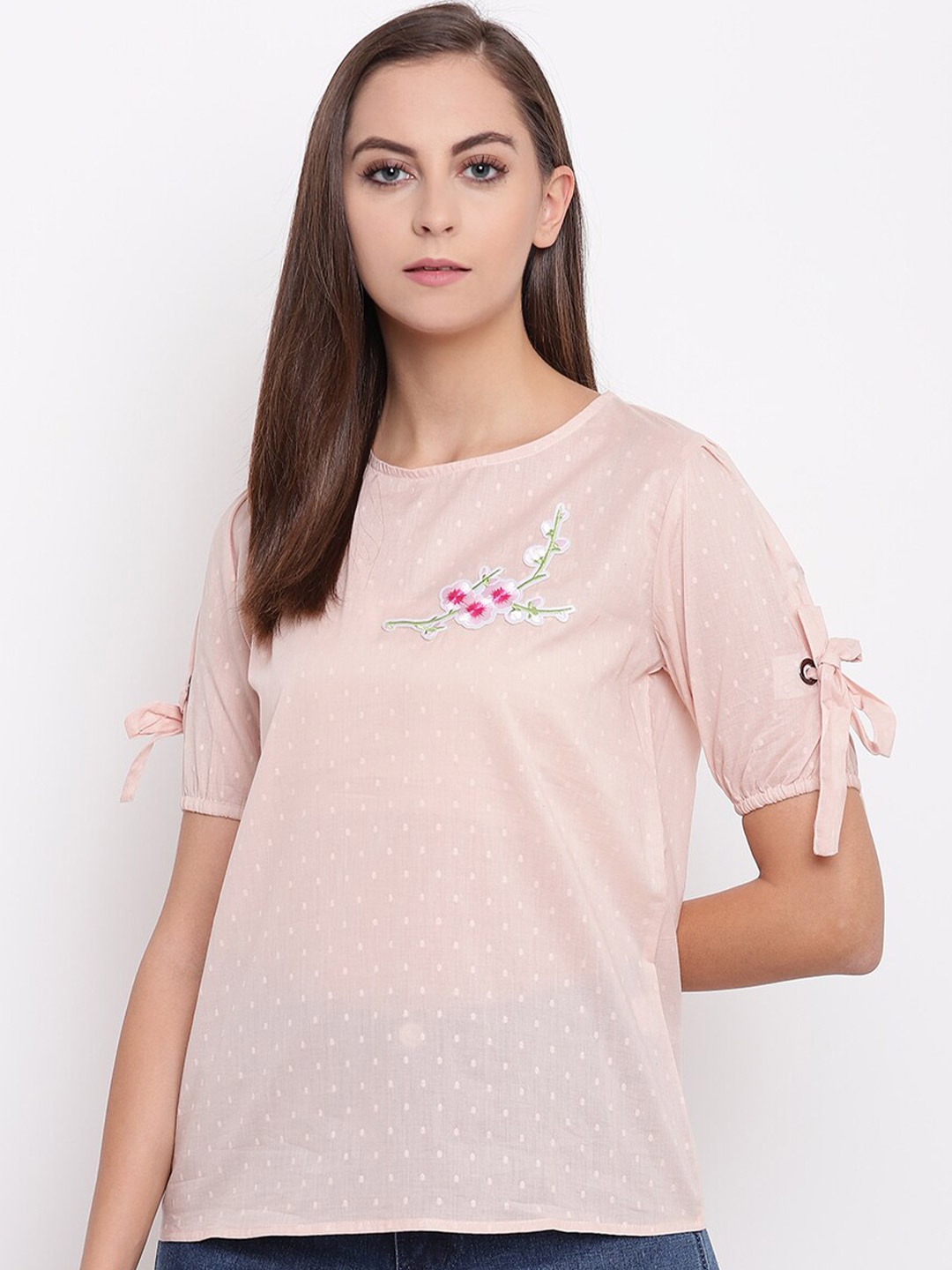 

Miss Grace Round Neck Short Sleeves Opaque Applique Casual Top, Navy blue