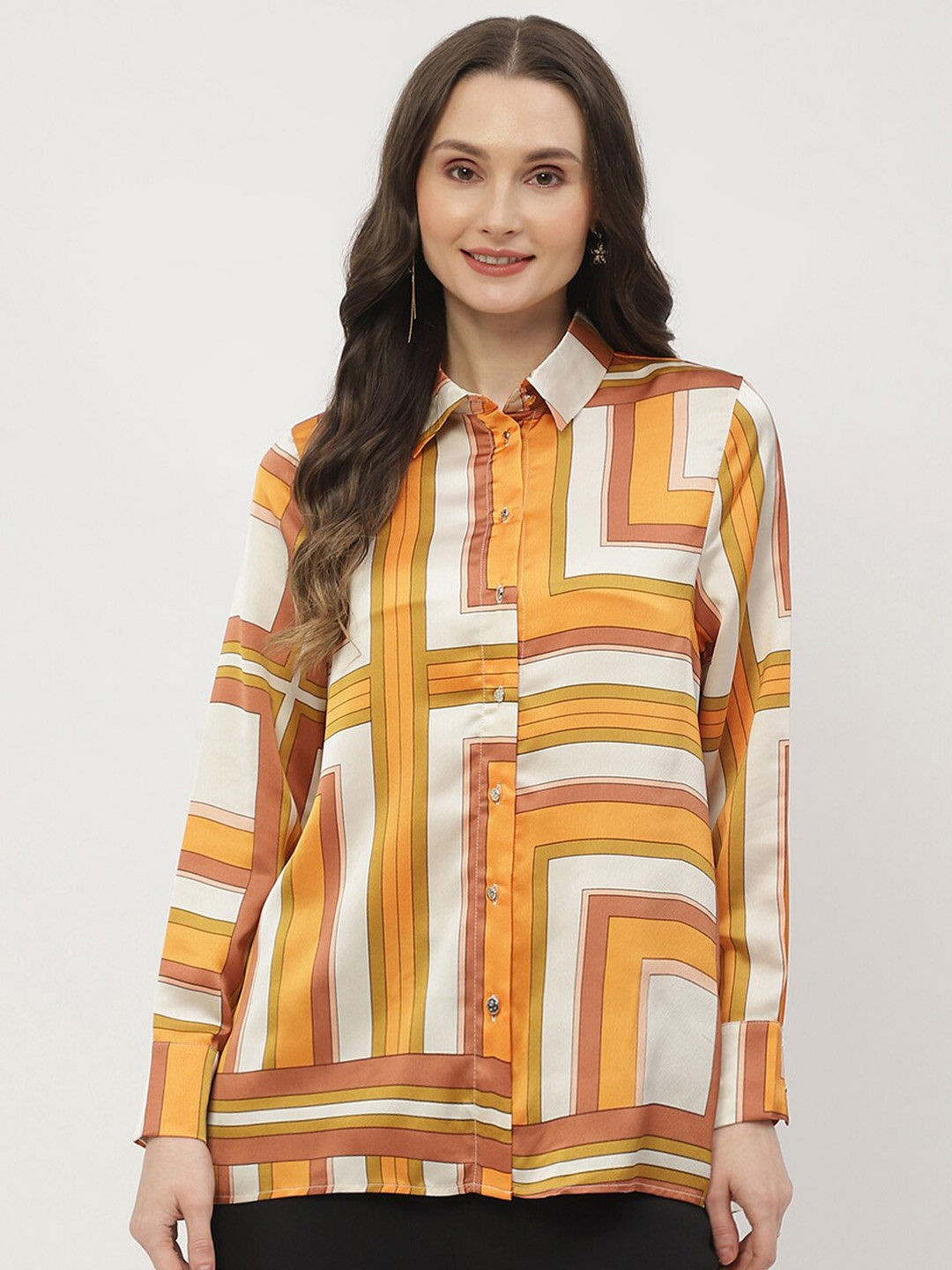 

Madame Geometric Printed Opaque Striped Casual Shirt, Orange