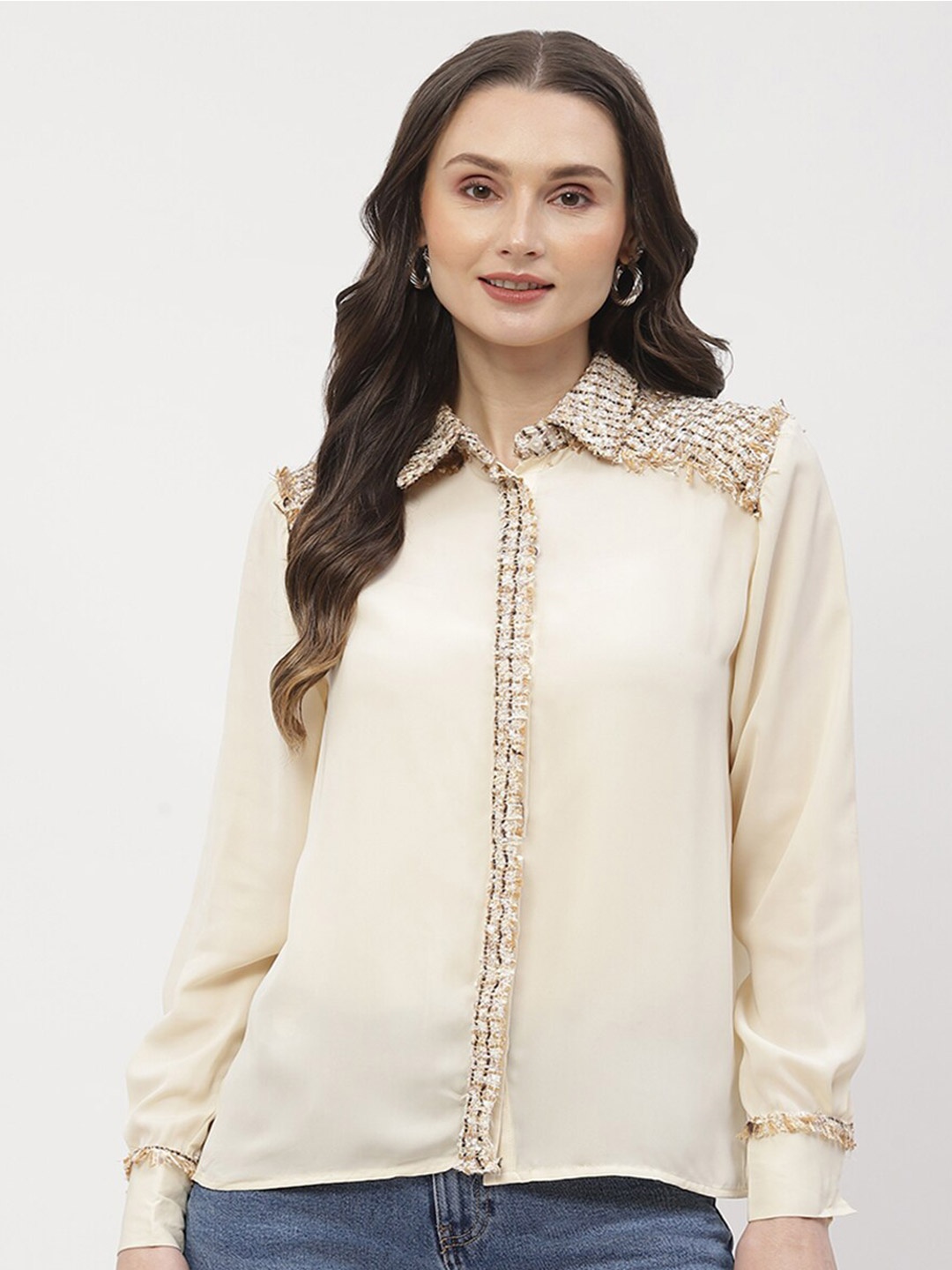 

Madame Spread Collar Opaque Casual Shirt, Beige