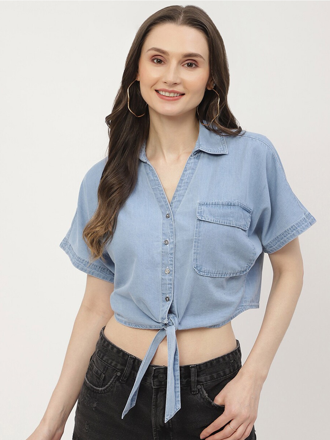 

Madame Extended Sleeves Opaque Casual Shirt, Blue