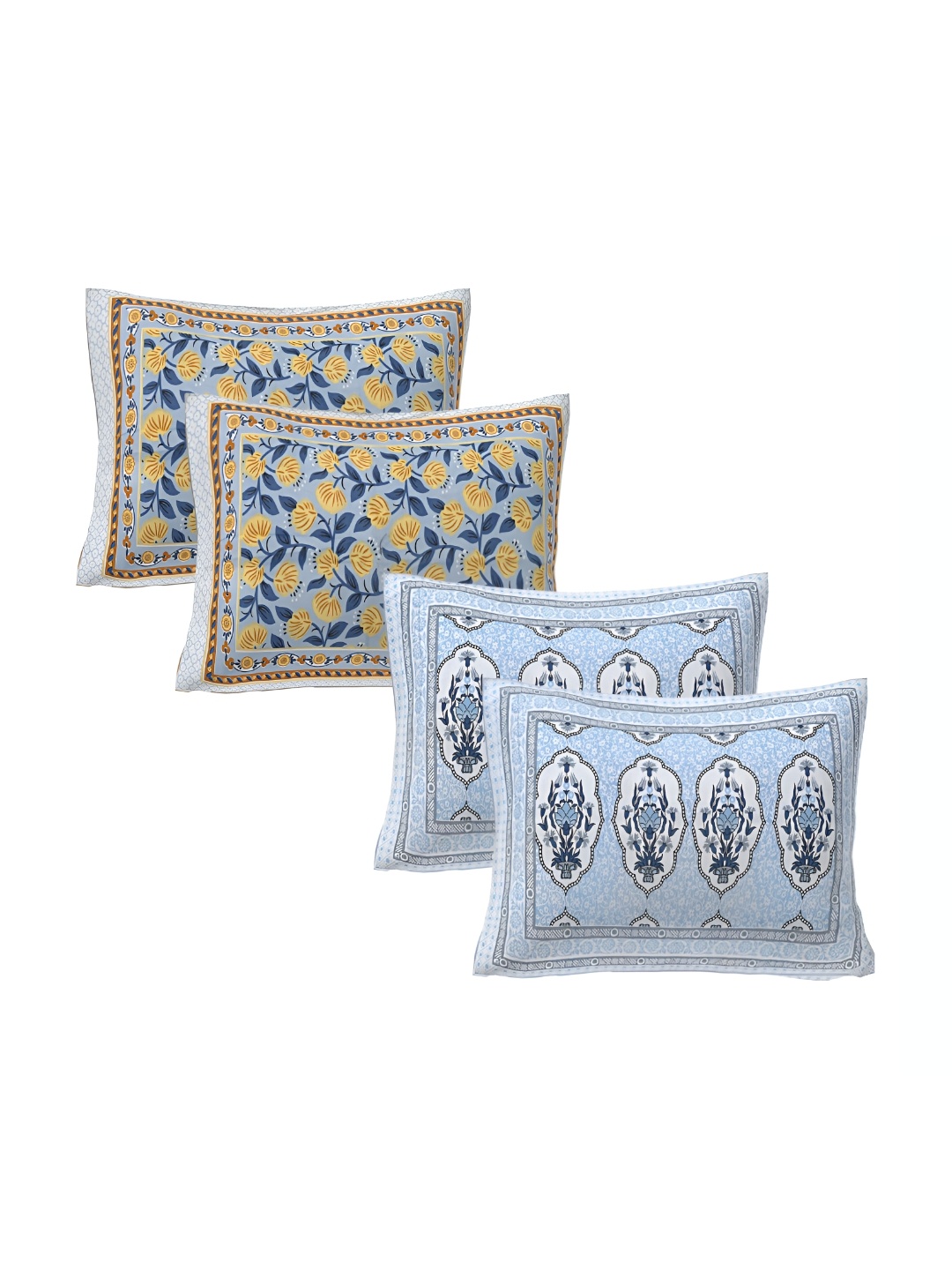 

VANI E Blue & Yellow 4 Pieces Floral Printed Pure Cotton Rectangle Pillow Covers