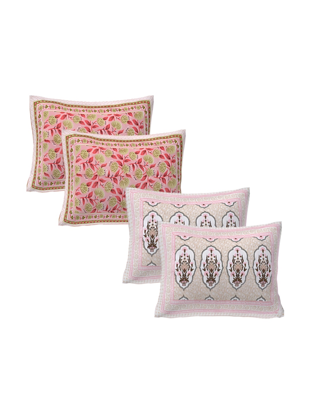 

VANI E Pink & Green 4 Pieces Floral Printed Pure Cotton Rectangle Pillow Covers