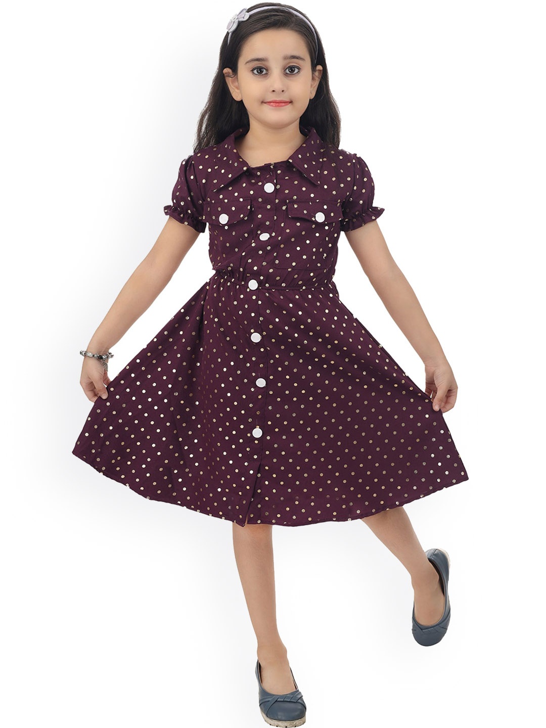 

BAESD Girls Printed Fit & Flared Frock Dress, Maroon