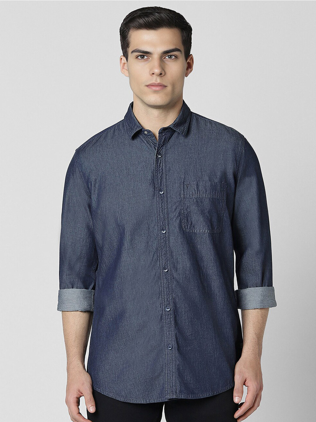 

VAN HEUSEN DENIM LABS Spread Collar Slim Fit Opaque Cotton Casual Shirt, Navy blue