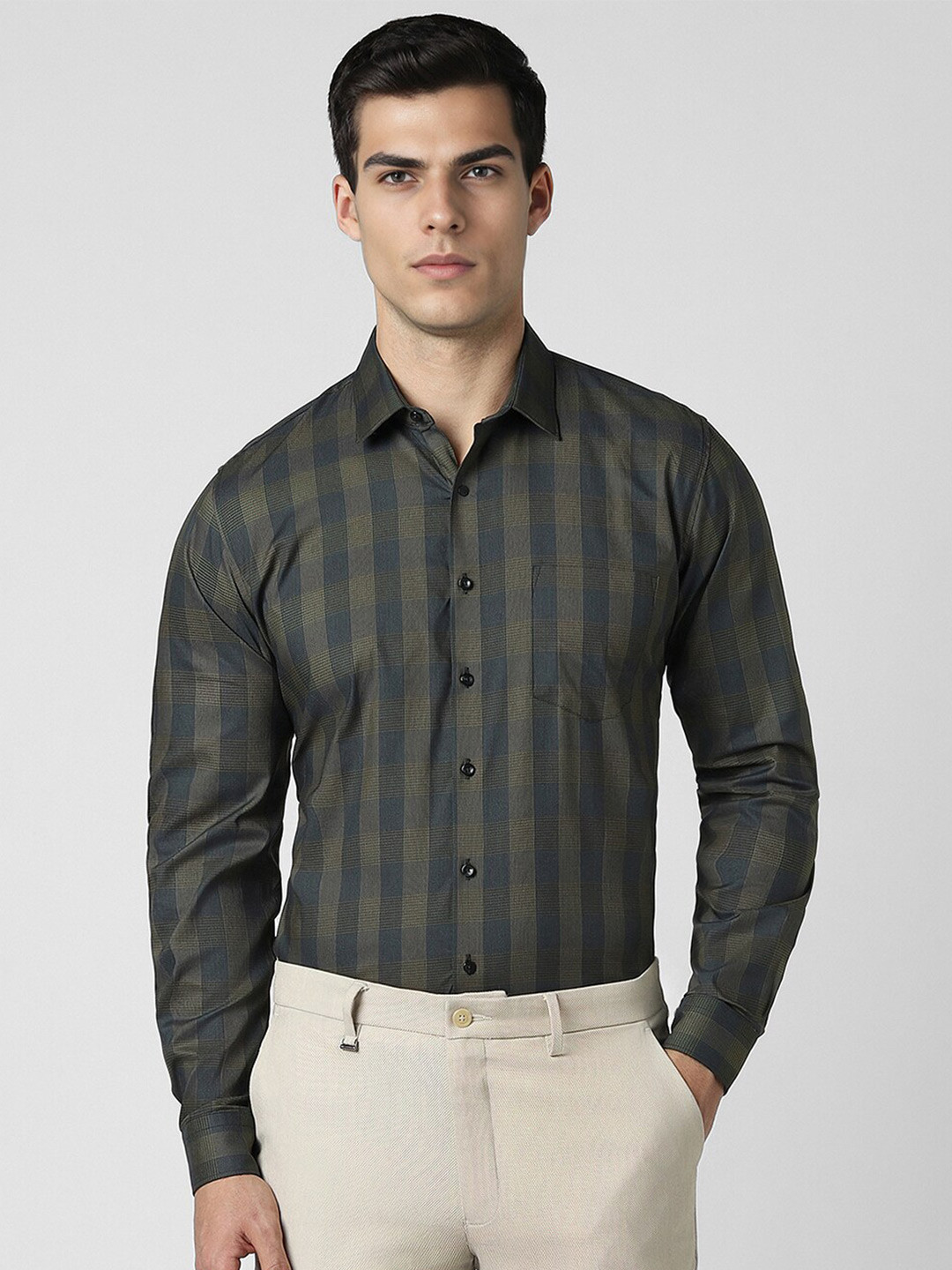 

Van Heusen Spread Collar Slim Fit Opaque Checked Cotton Formal Shirt, Green