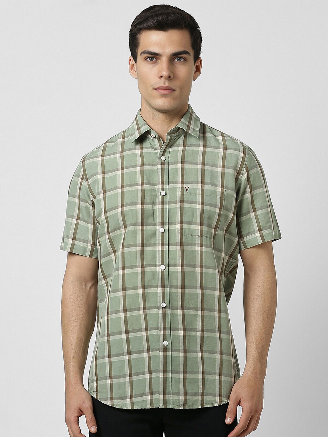 

Van Heusen Sport Spread Collar Slim Fit Opaque Checked Casual Shirt, Green