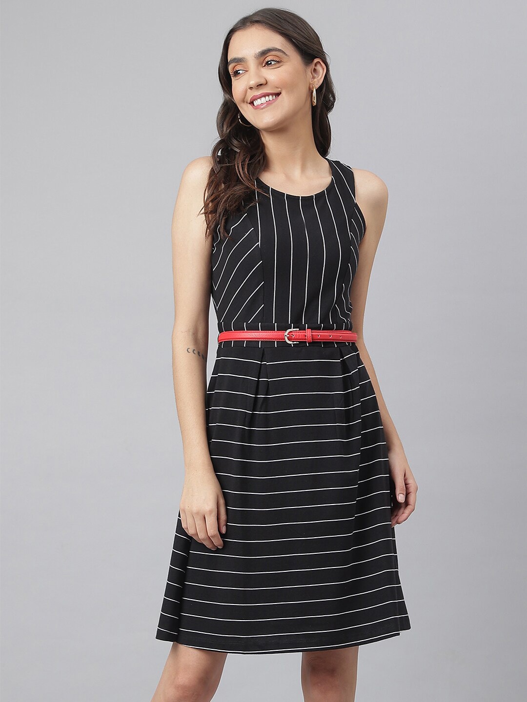 

Miss Grace Striped A-Line Cotton Dress, Black