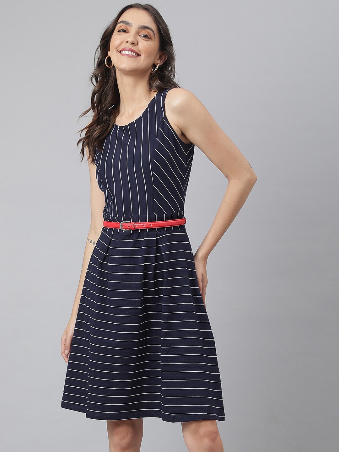 

Miss Grace Striped Fit & Flare Cotton Dress, Navy blue