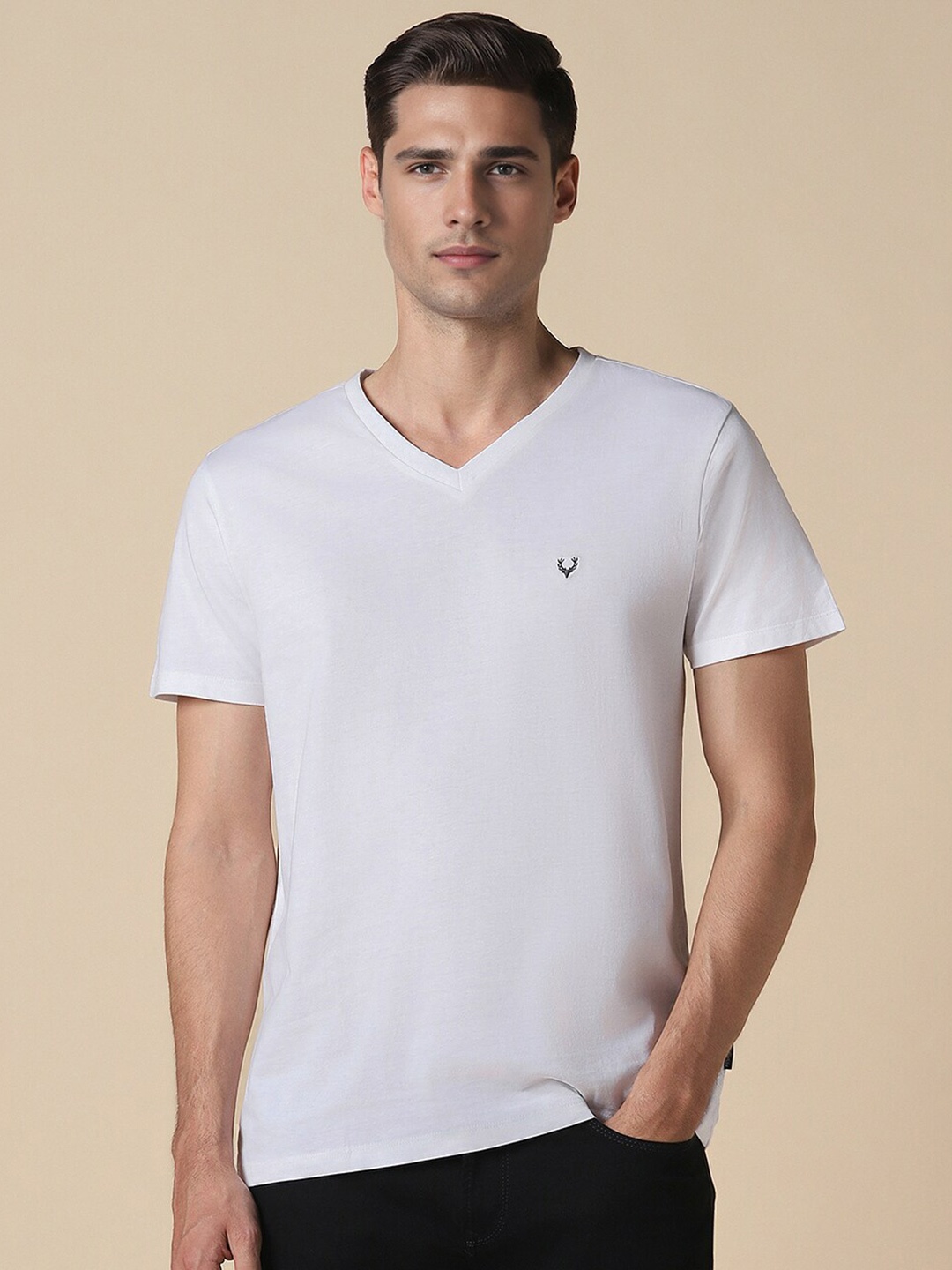 

Allen Solly Cotton Short Sleeves V-Neck Applique T-shirt, White