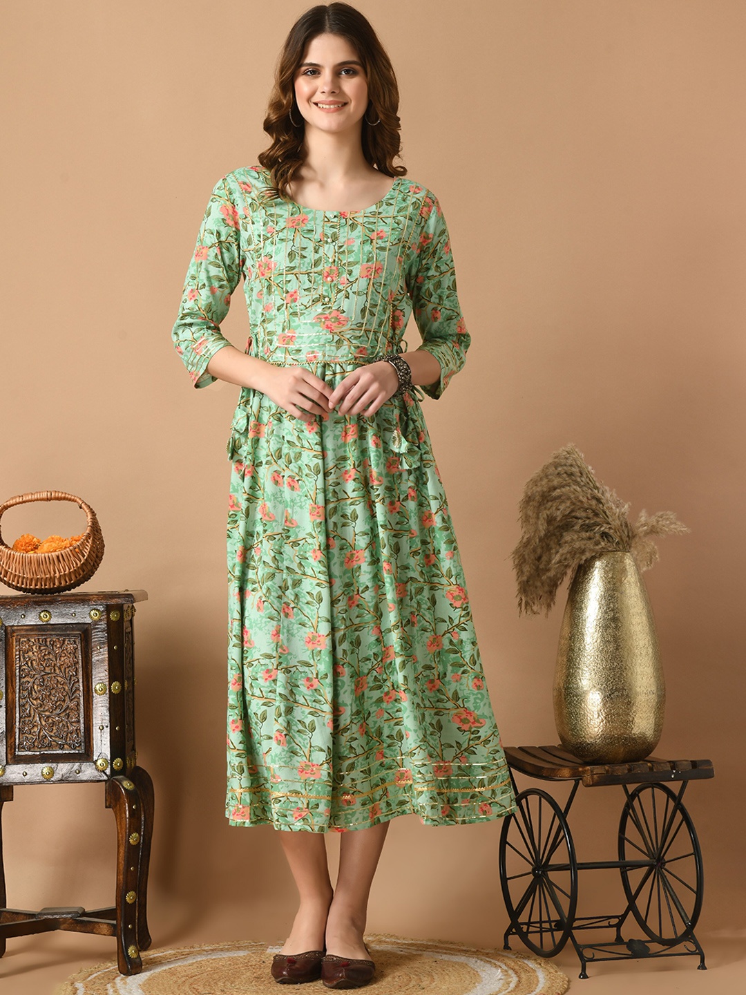 AAYUMI Women Floral Printed Sequinned Floral Anarkali Kurta, Turquoise blue
