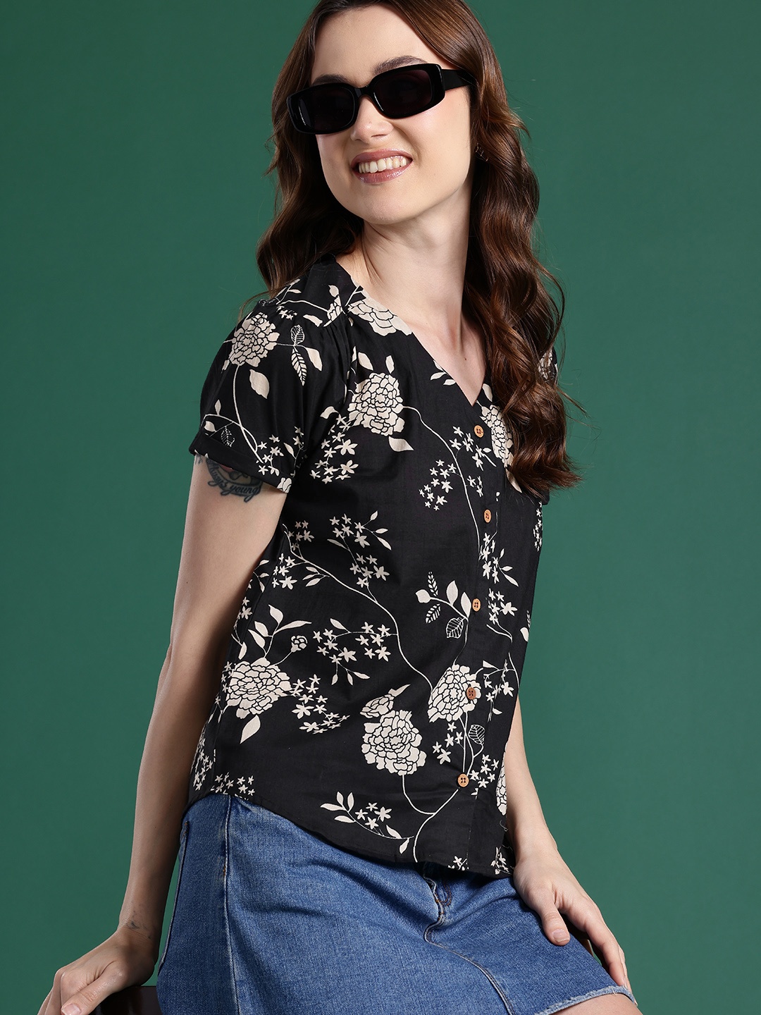 

DressBerry Floral Print Pure Cotton Top, Black