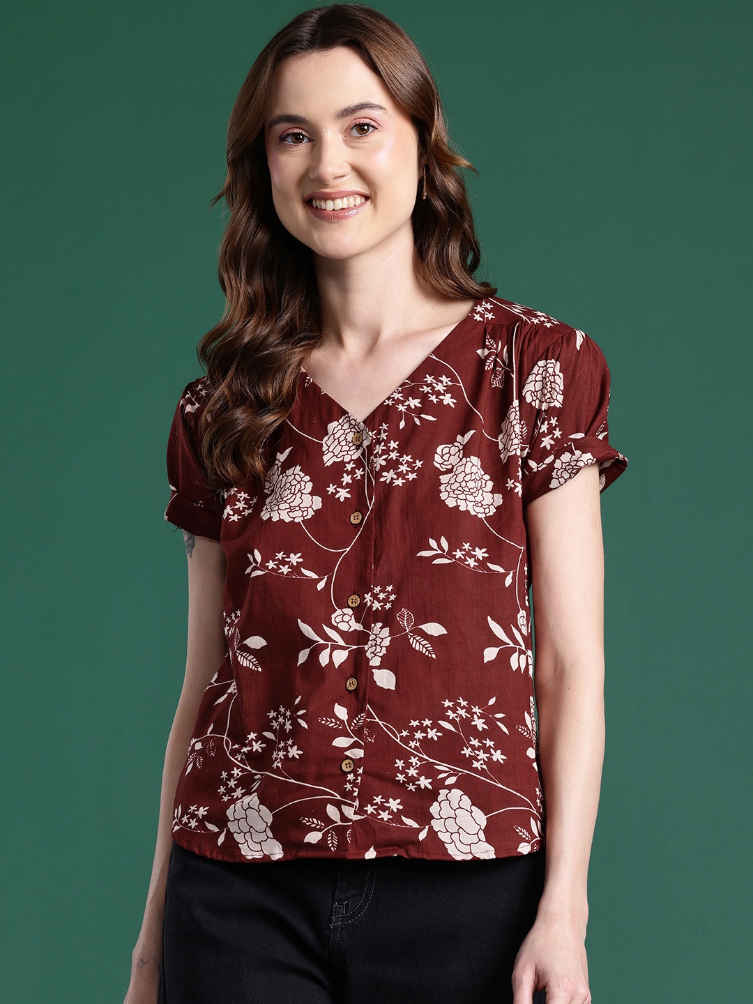 

DressBerry Floral Print Puff Sleeves Pure Cotton Top, Brown