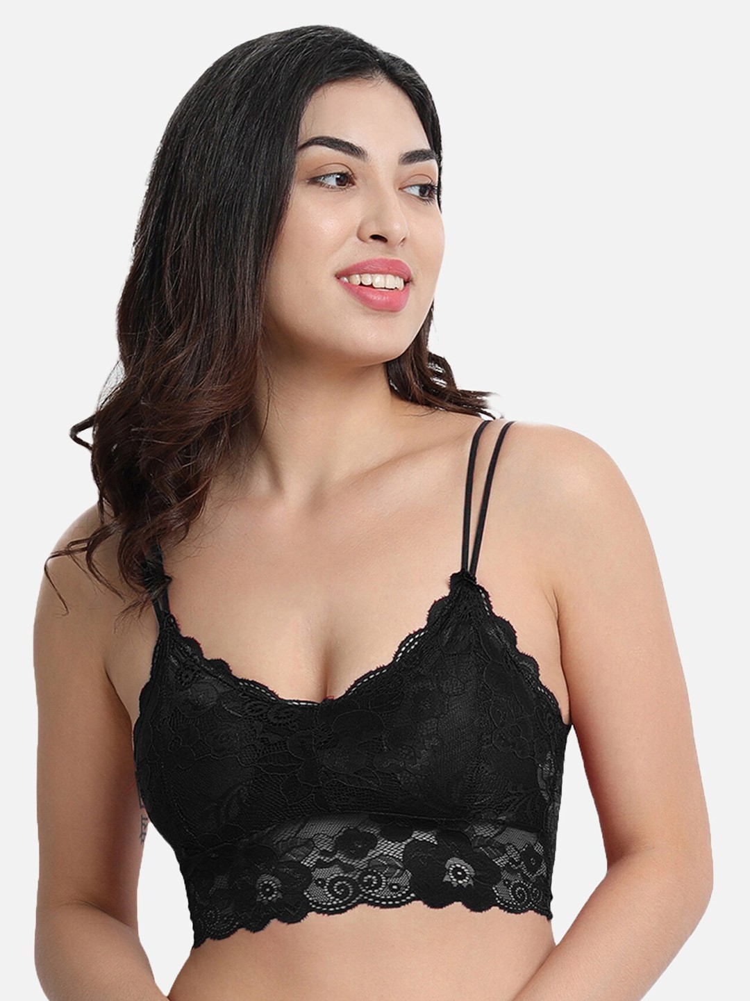 

Spiaty Floral Laced Non-Wired Lightly Padded Bralette Bra With All Day Comfort, Black