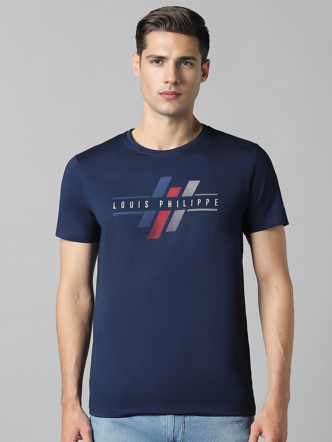 

Louis Philippe Sport Typography Printed Cotton Slim Fit T-shirt, Navy blue