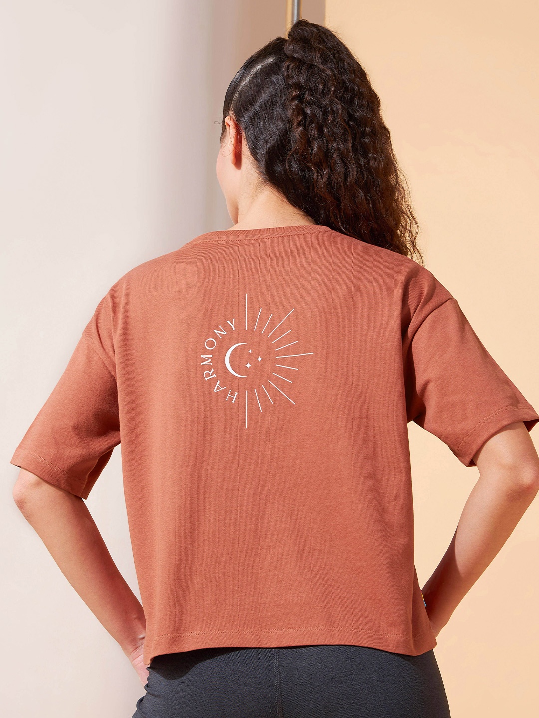 

CULT Harmony Graphic Printed Breathable Bio-Finish Boxy Crop Pure Cotton T-shirt, Rust