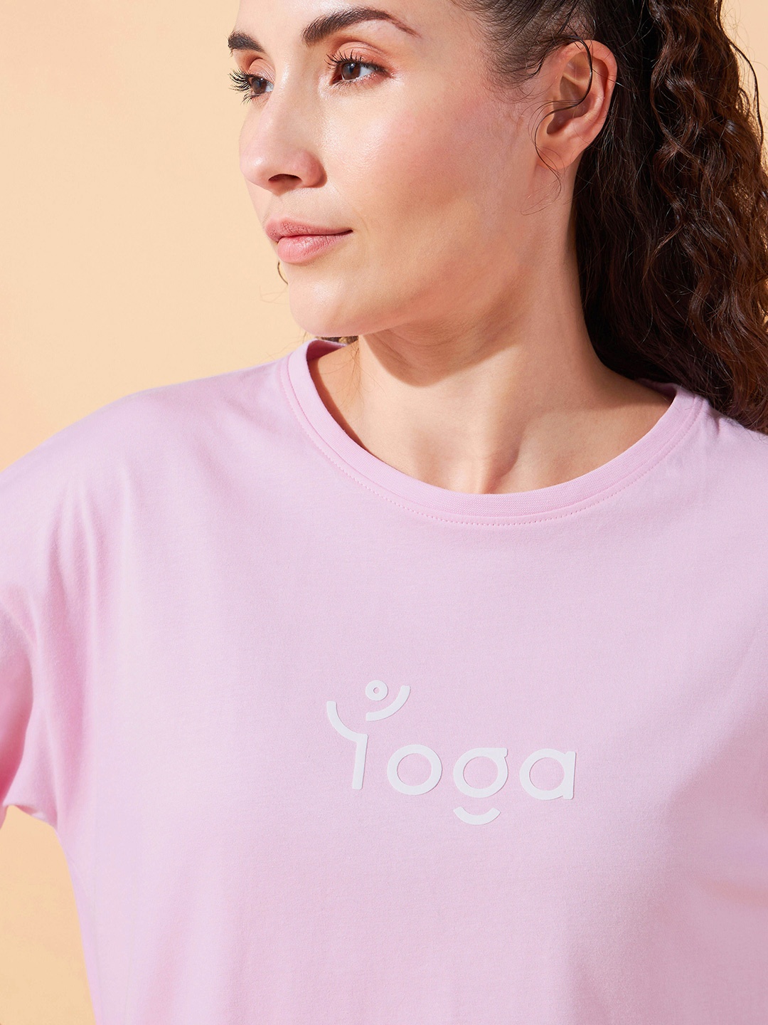 

CULT Yoga Fan Printed Round Neck Short Sleeves Pure Cotton Box-Fit Tshirts, Pink