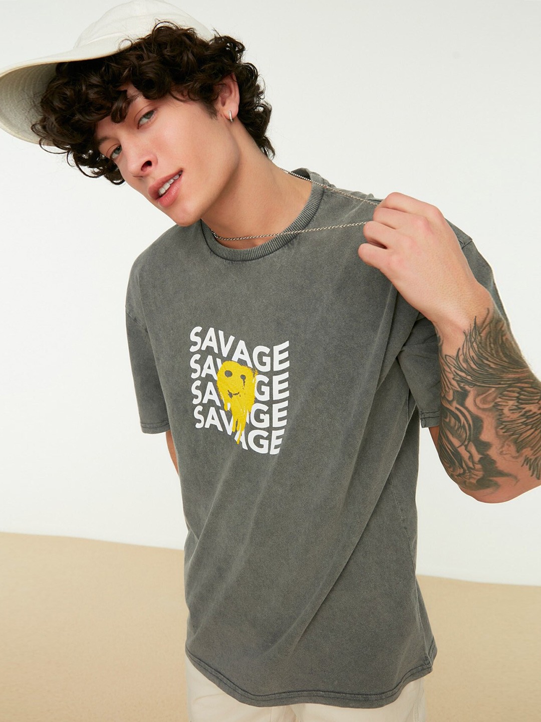 

Trendyol Typography Printed Cotton T-shirt, Grey
