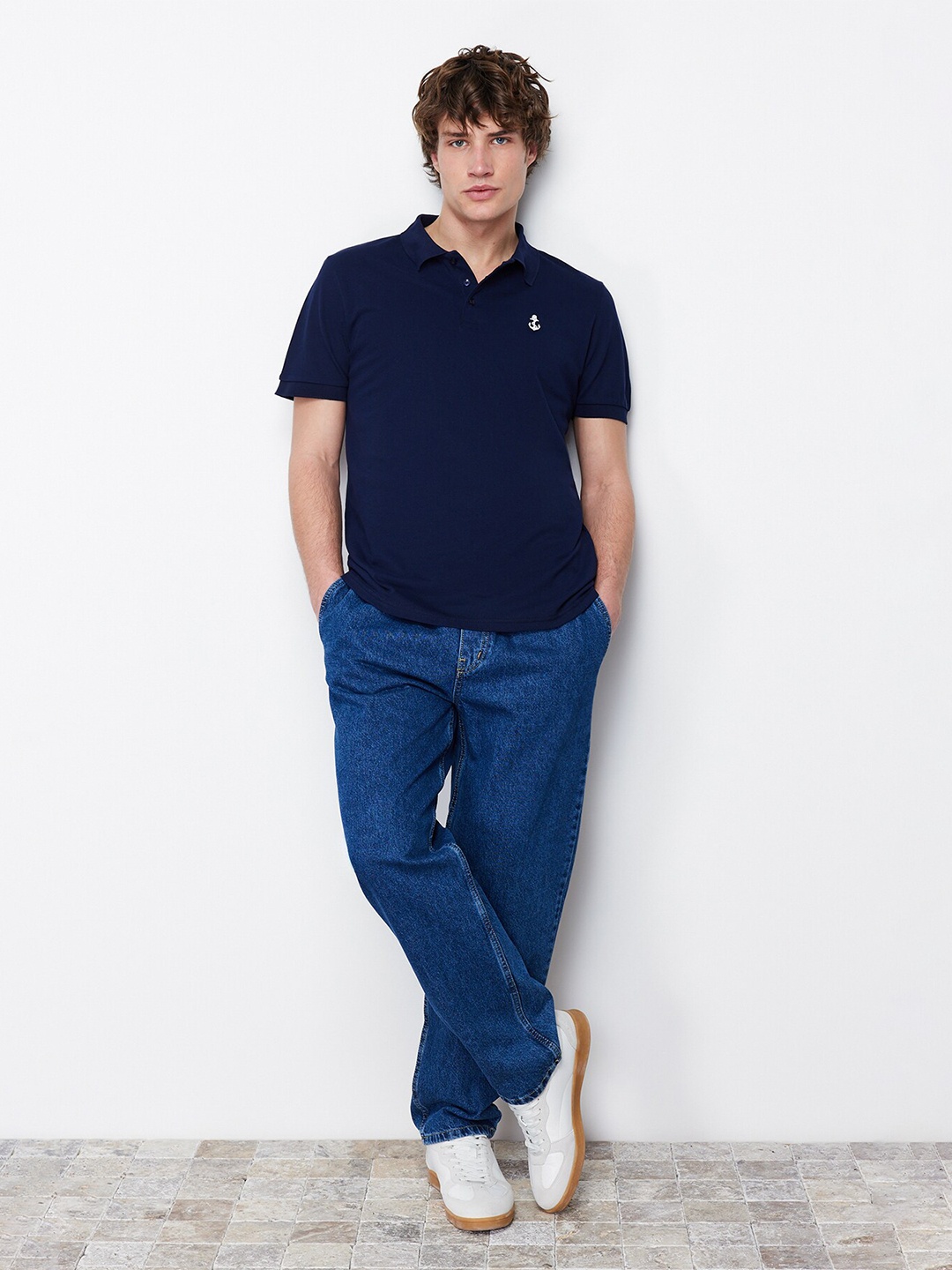 

Trendyol Short Sleeves Polo Collar Pure Cotton T-shirt, Navy blue