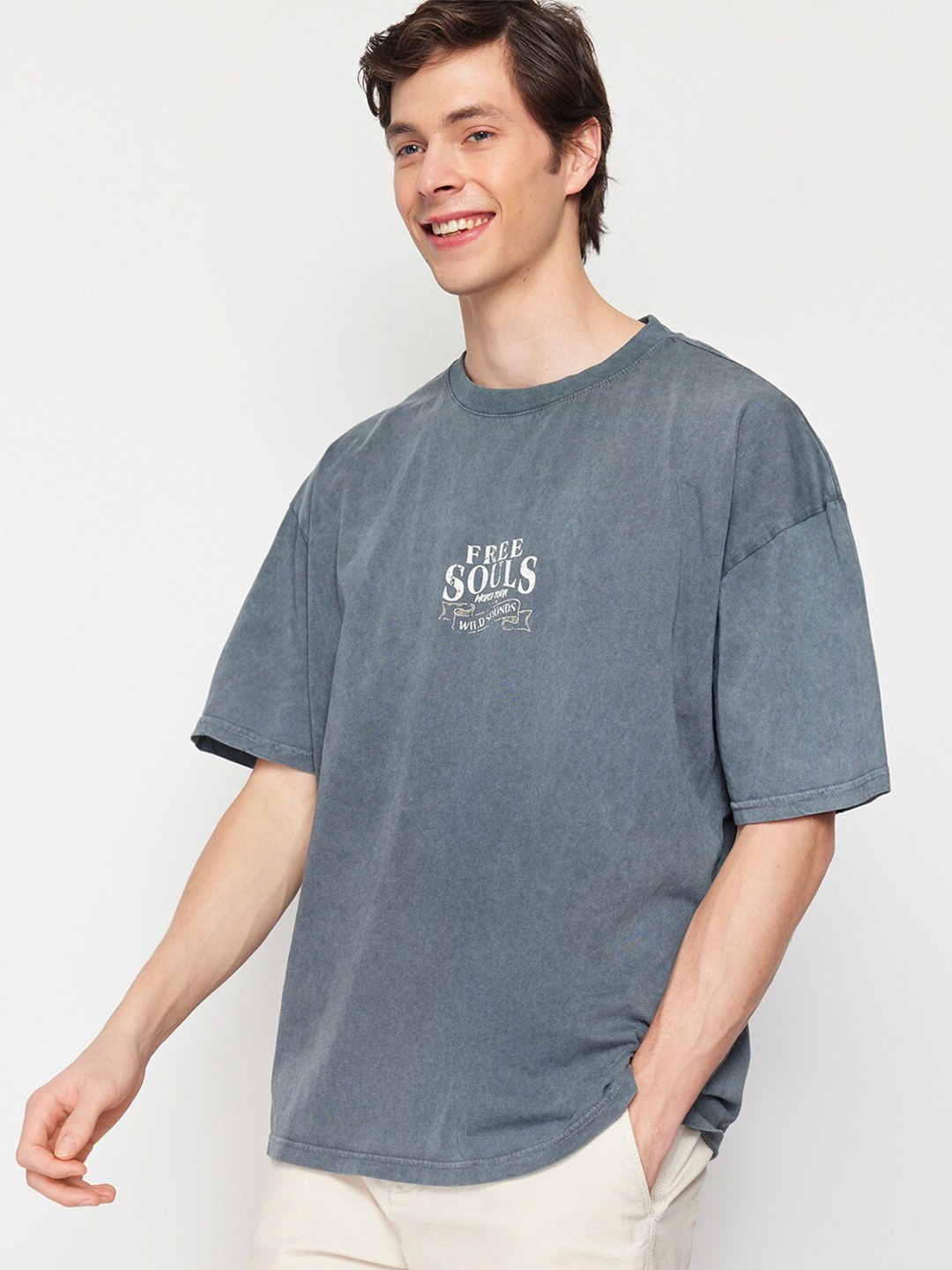 

Trendyol Typography Printed Round Neck Pure Cotton T-shirt, Grey