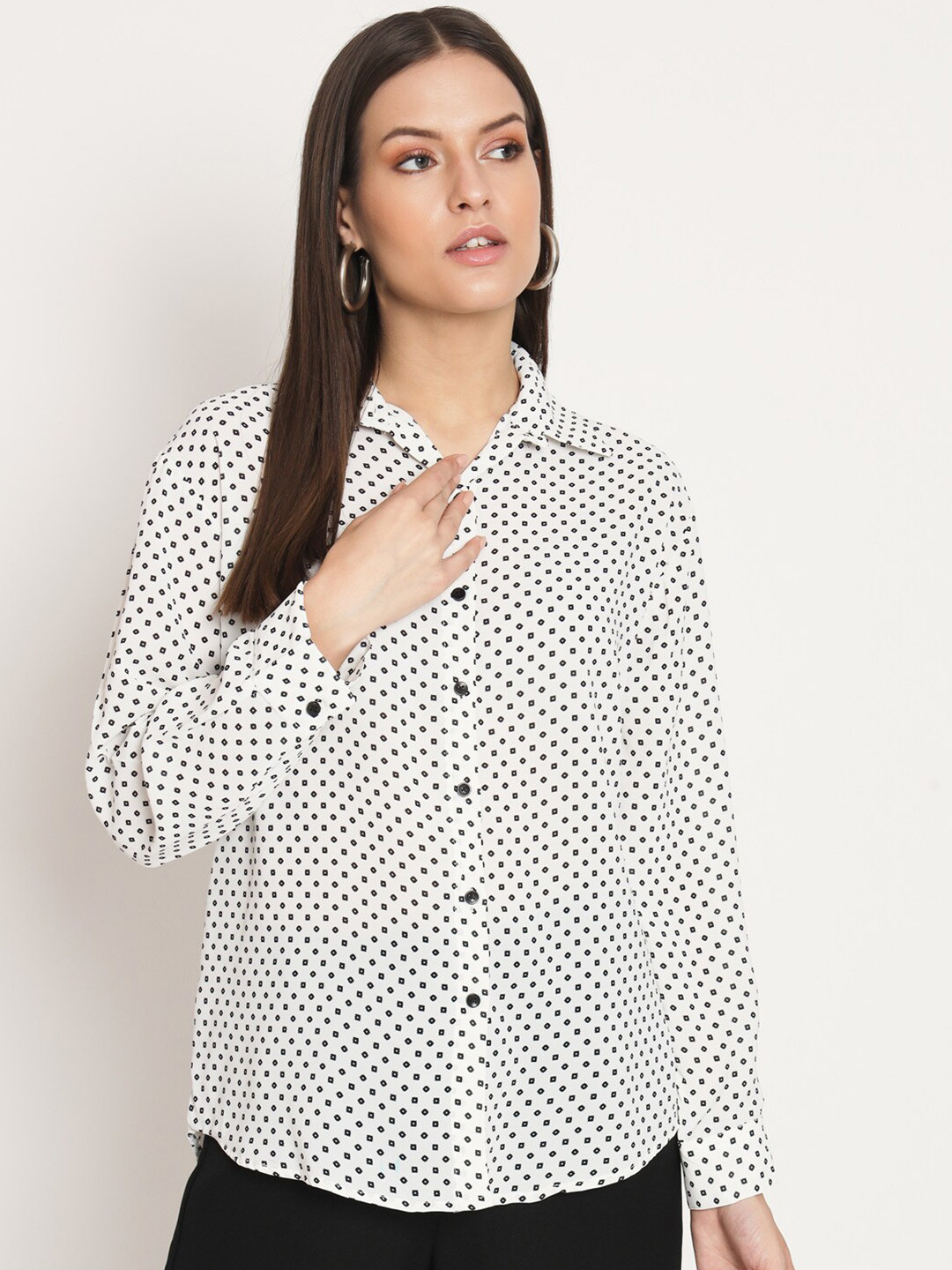 

RAER Standard Polka Dot Printed Spread Collar Long Sleeves Casual Shirt, White