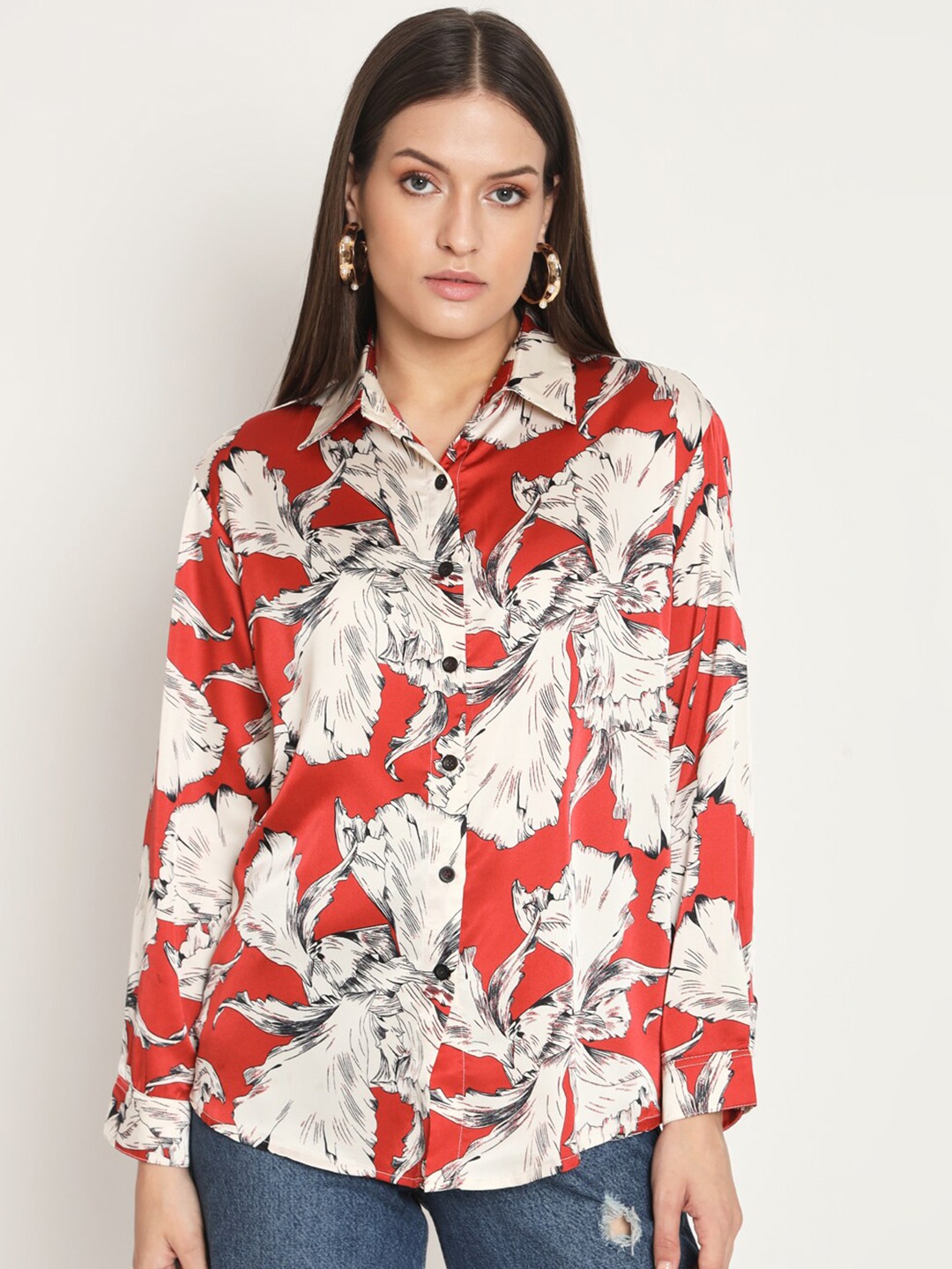 

RAER Standard Floral Printed Spread Collar Long Sleeves Satin Casual Shirt, Maroon