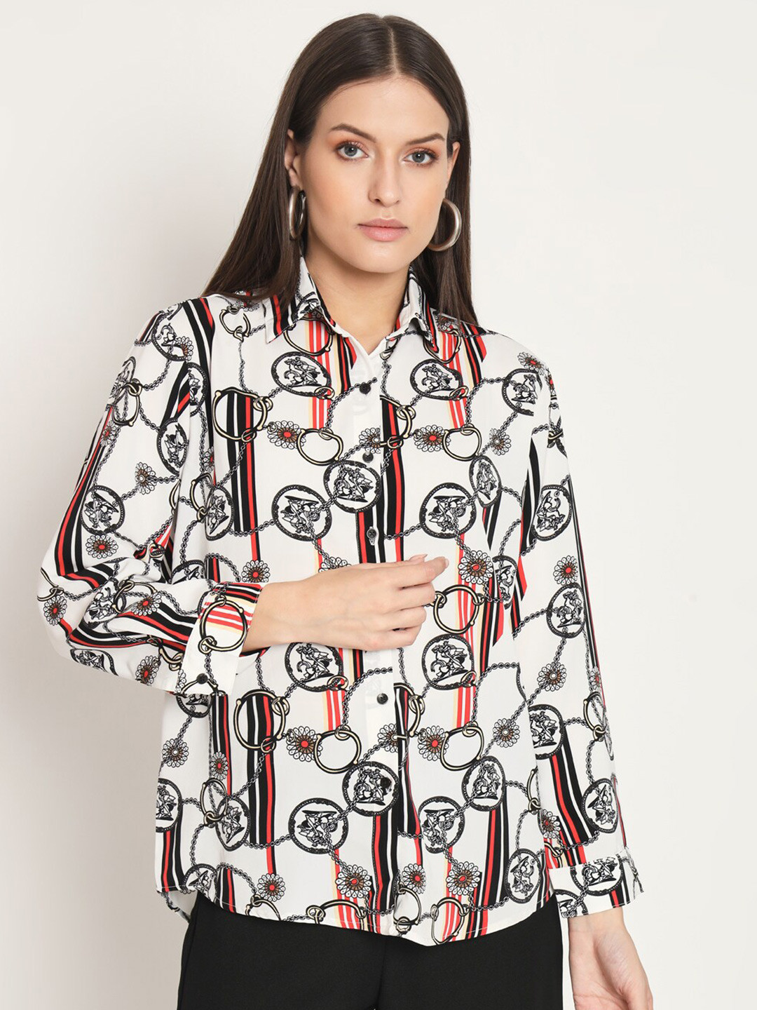 

RAER Standard Floral Printed Spread Collar Long Sleeves Casual Shirt, White