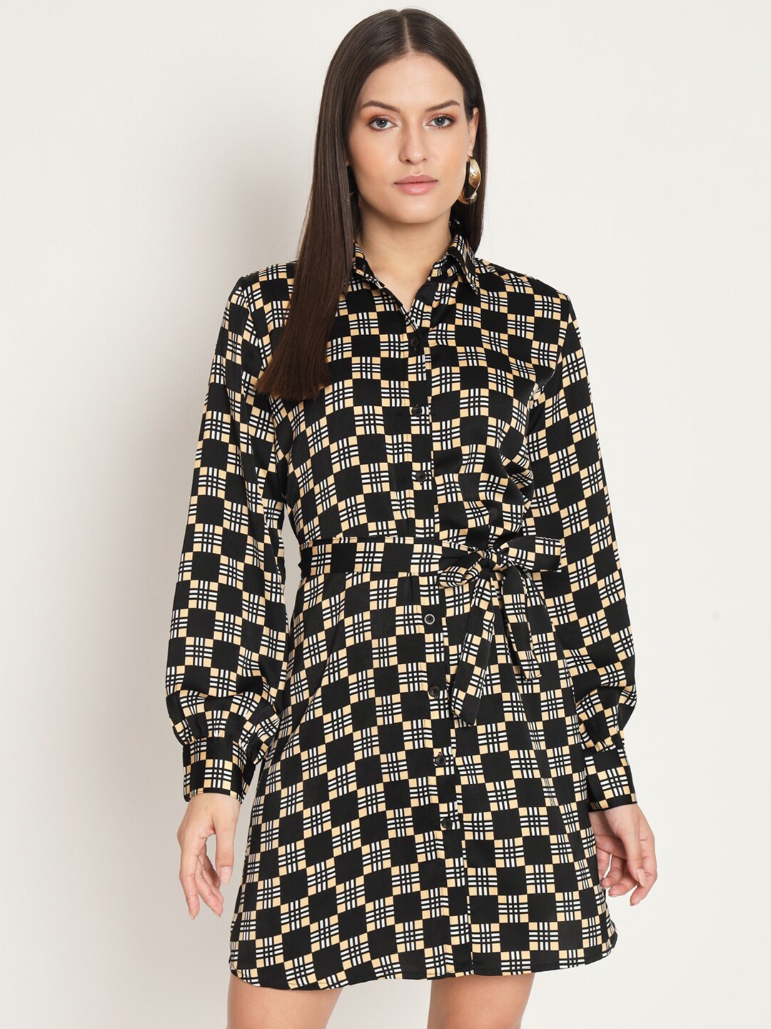 

RAER Geometric Print Satin Silk Shirt Dress, Beige