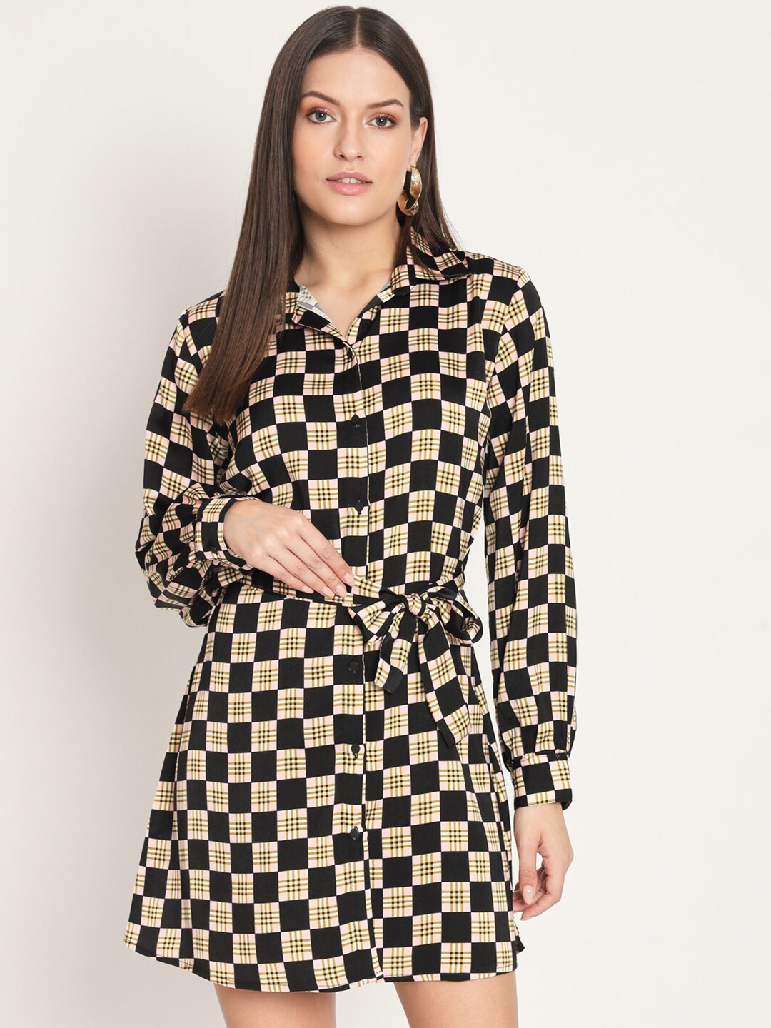 

RAER Geometric Print Satin Silk Shirt Dress, Pink